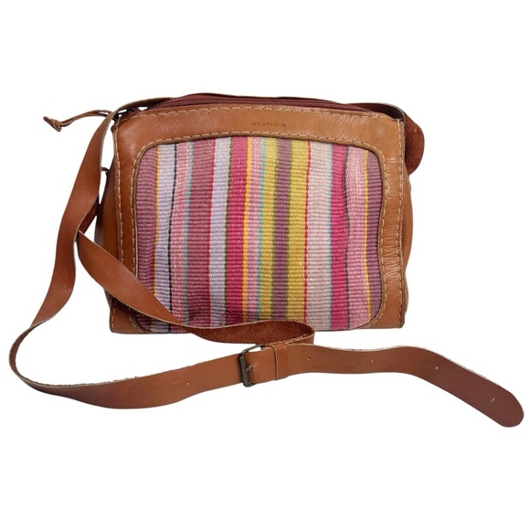 MALINCHE Crossbody Purse Tan Leather with Colorful Pastel Cloth Panel - Picture 1 of 13